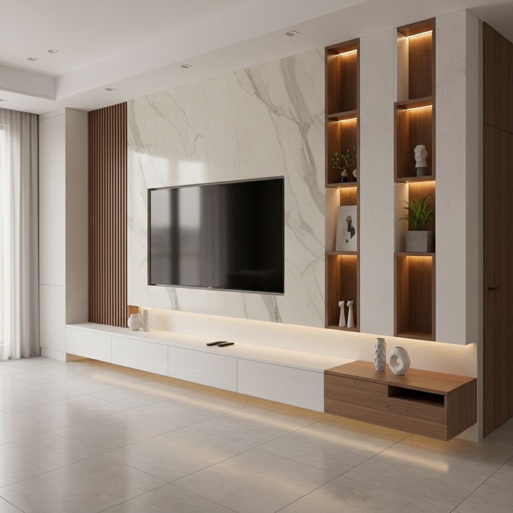 Contemporary white and walnut wall mounted tv unit with by Grains Home Pakistan