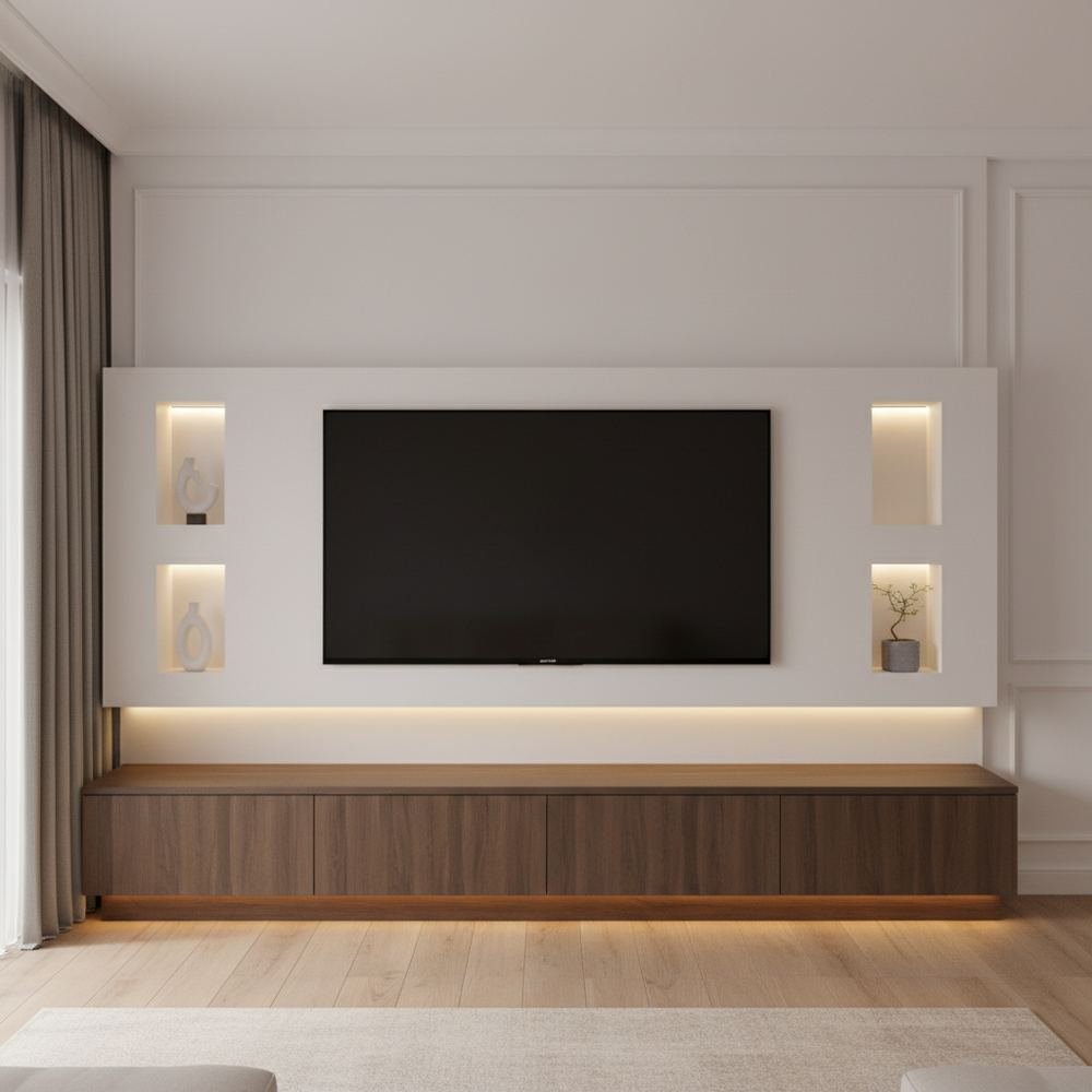Minimal blossom magnolia wall mounted tv unit design by Grains Home Pakistan