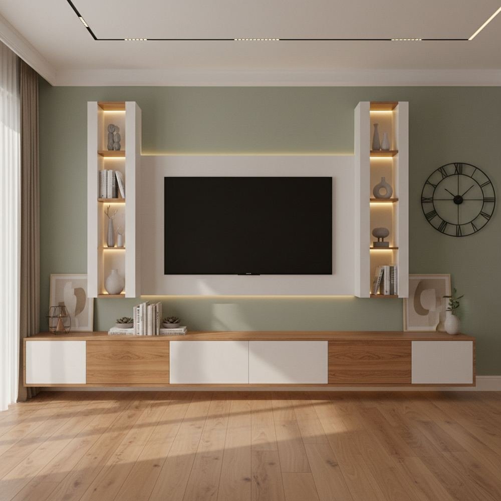 Modern teak white floor standing tv unit with vertical by Grains Home Pakistan