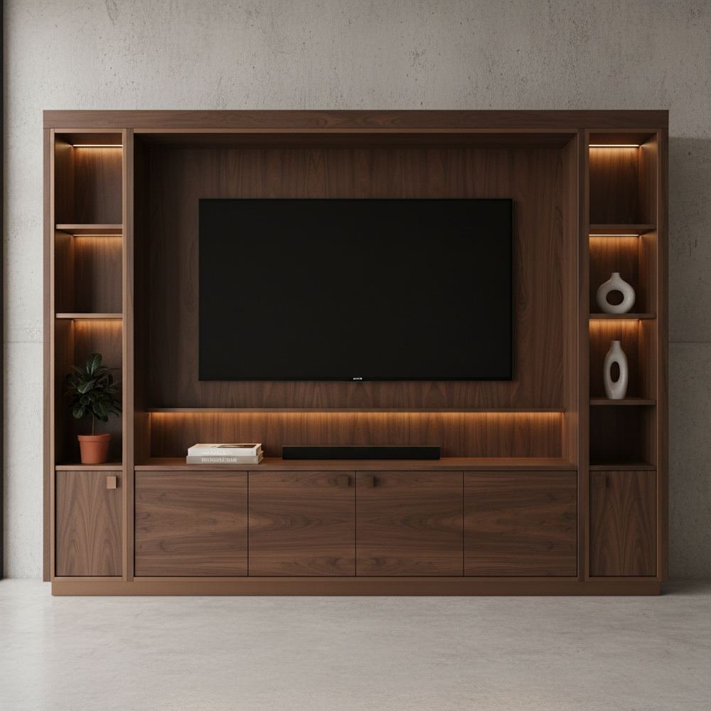 Modern walnut bronze floor standing tv unit by Grains Home Pakistan