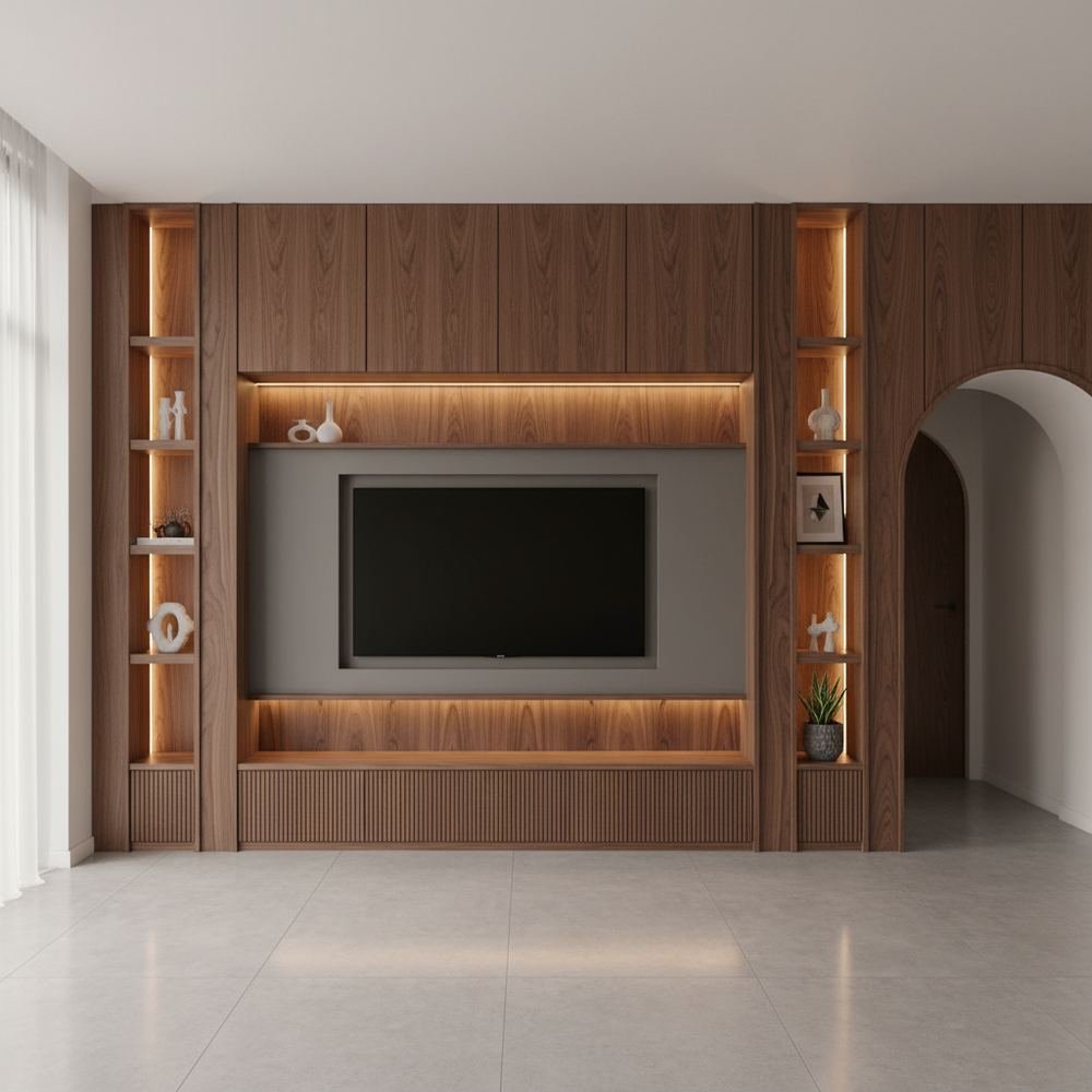 Modern persian vertical walnut floor standing tv unit by Grains Home Pakistan