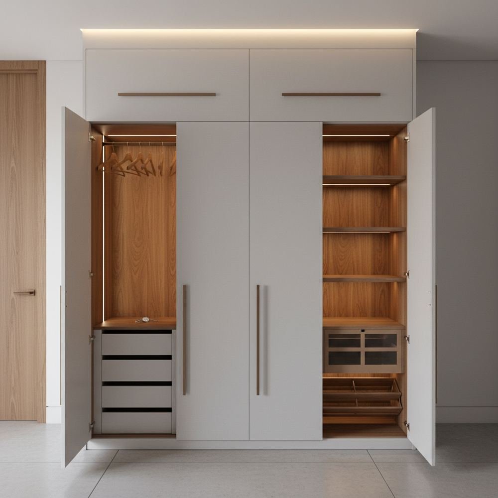 Minimalist light grey 4 door wardrobe design by Grains Home Pakistan