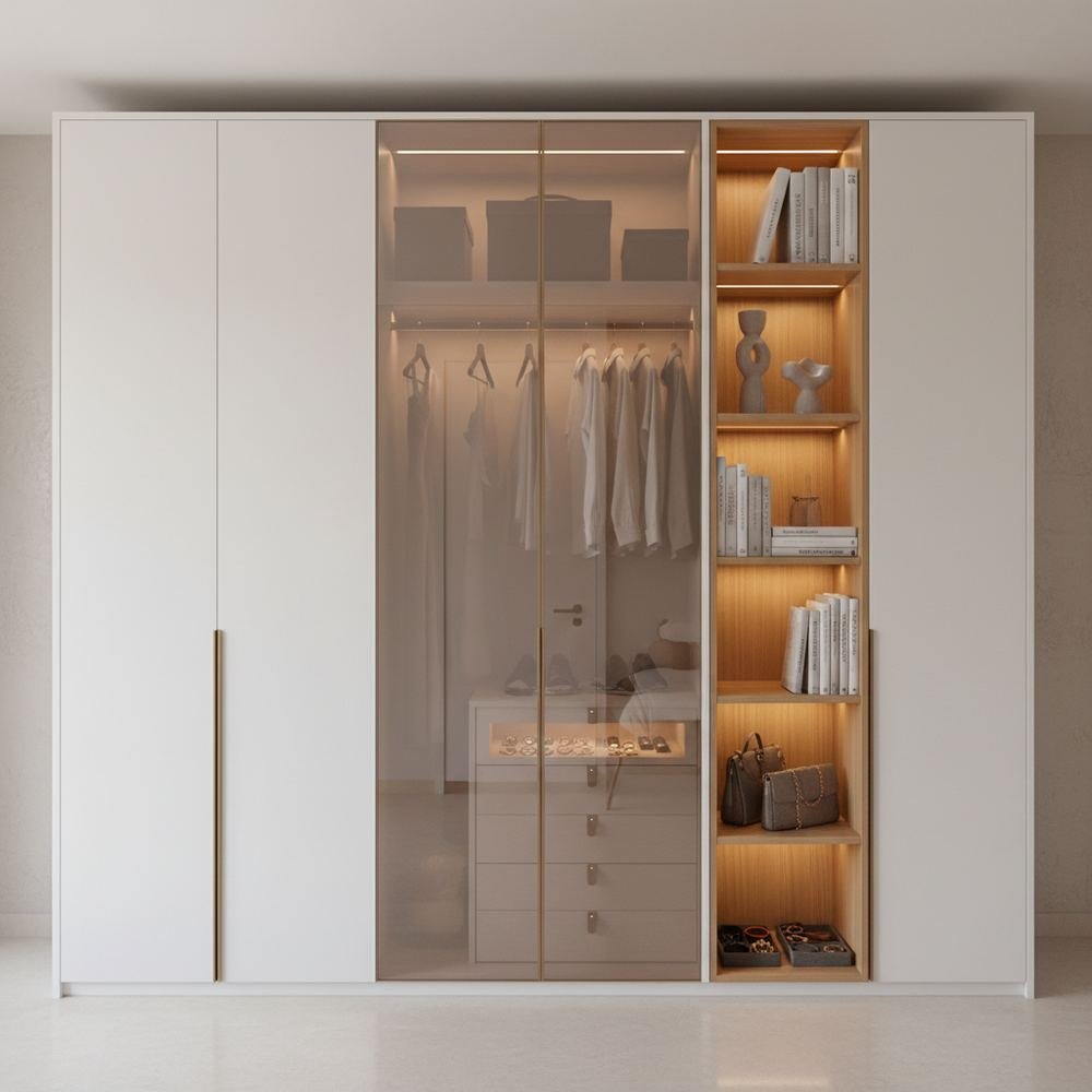 Modern white mirrored 6 door swing wardrobe with bookshelf by Grains Home Pakistan