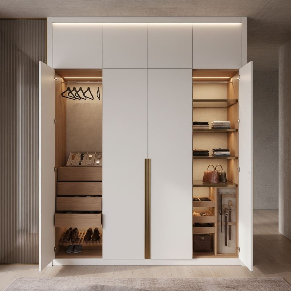 Minimal 4 door white swing wardrobe design with loft by Grains Home Pakistan