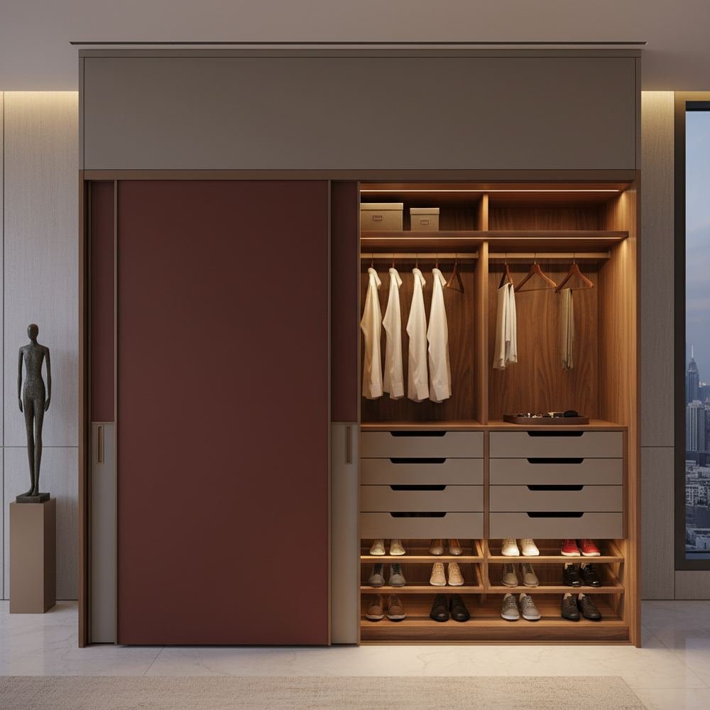 Modern red grey 2 door sliding wardrobe with loft by Grains Home Pakistan