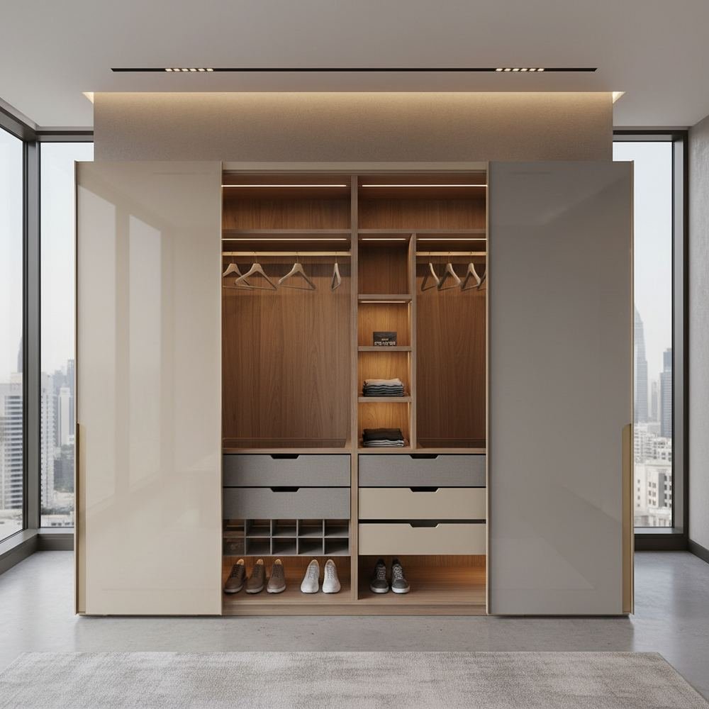 Modern champagne grey sliding 2 door wardrobe by Grains Home Pakistan