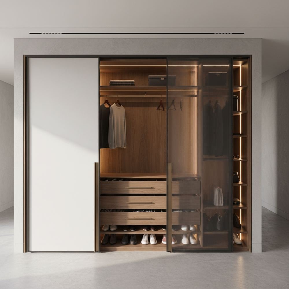 Modern frosty white smoke grey sliding 2 door wardrobe by Grains Home Pakistan
