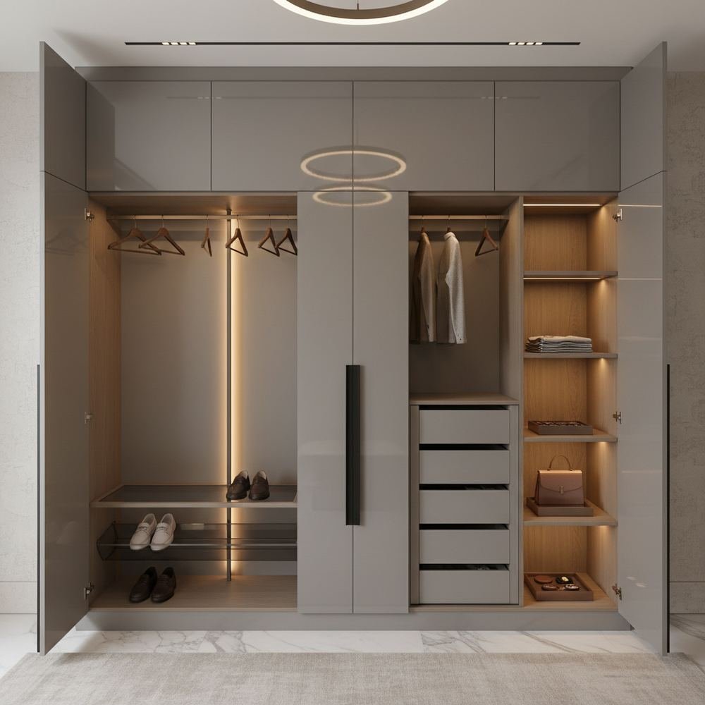Modern grey high gloss 2 door wardrobe design by Grains Home Pakistan