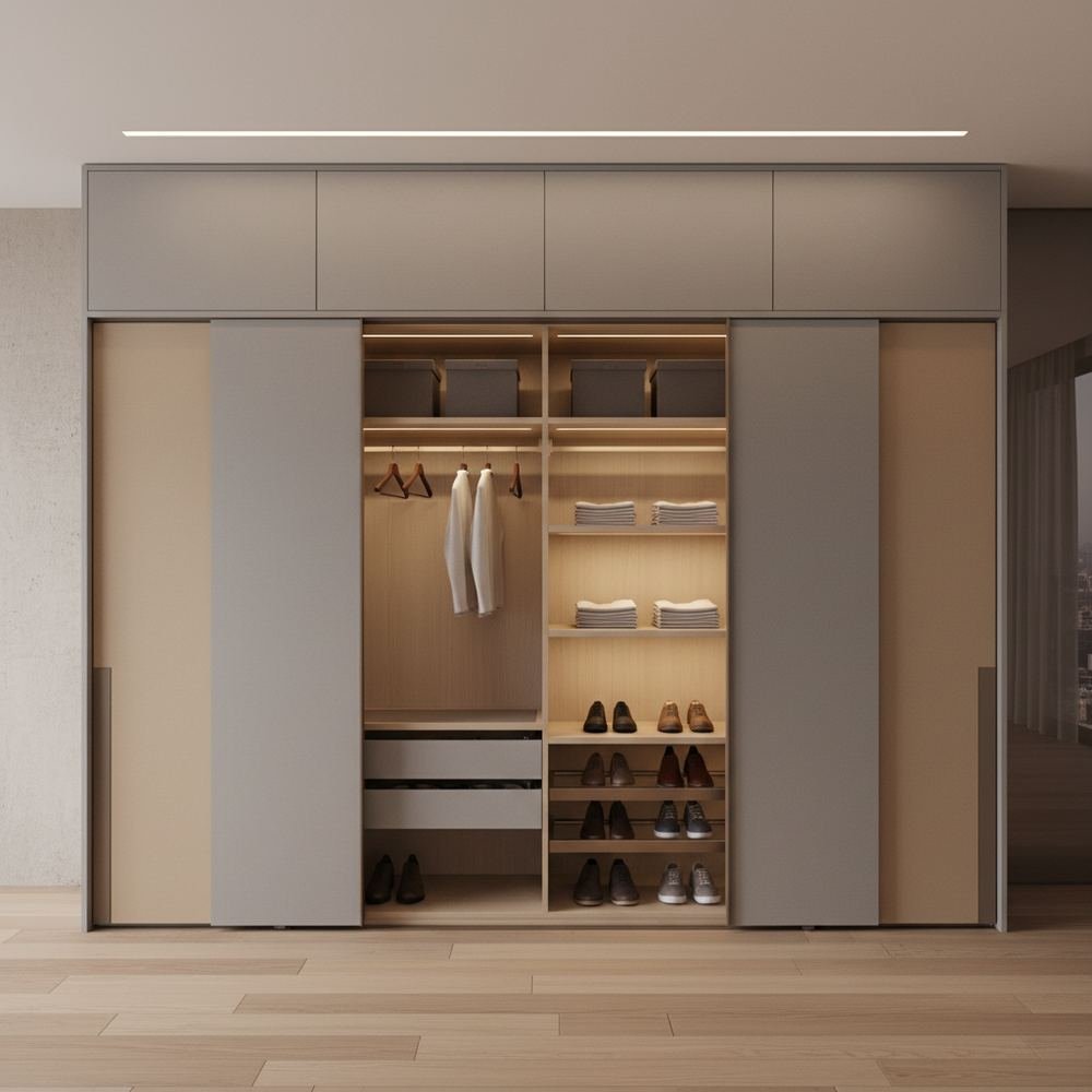 Minimalist grey shore sliding 6 door wardrobe by Grains Home Pakistan