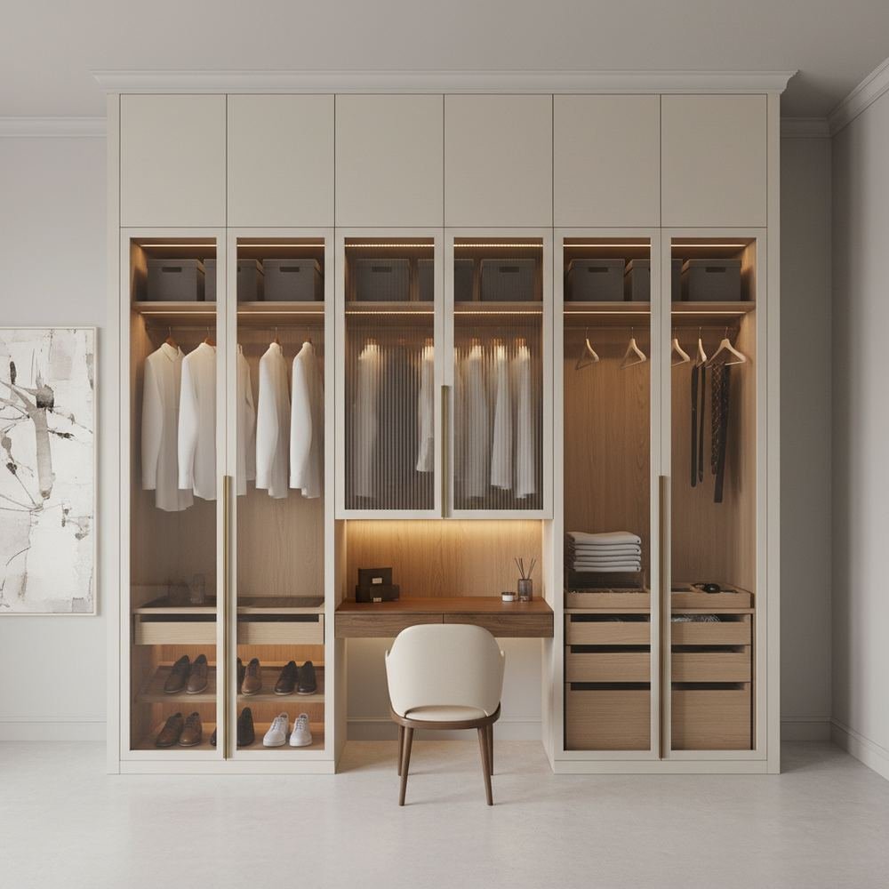 Minimalist champagne 4 door swing wardrobe with study by Grains Home Pakistan