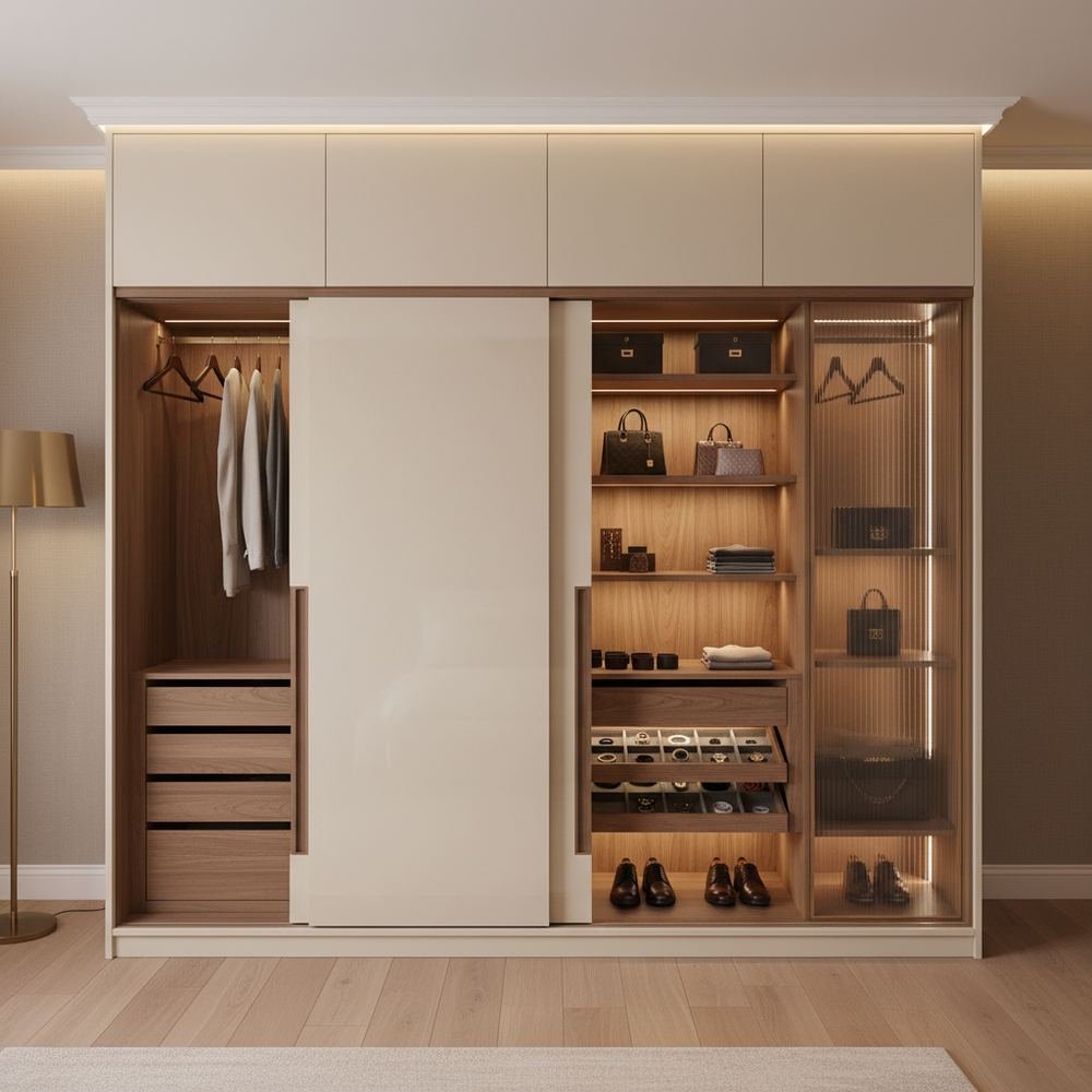 Minimal glam 2 door sliding wardrobe design with irish by Grains Home Pakistan