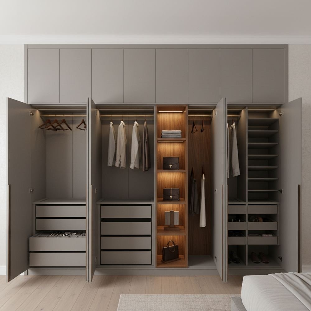 Minimalist grey 4 door hinged wardrobe with open shelf by Grains Home Pakistan