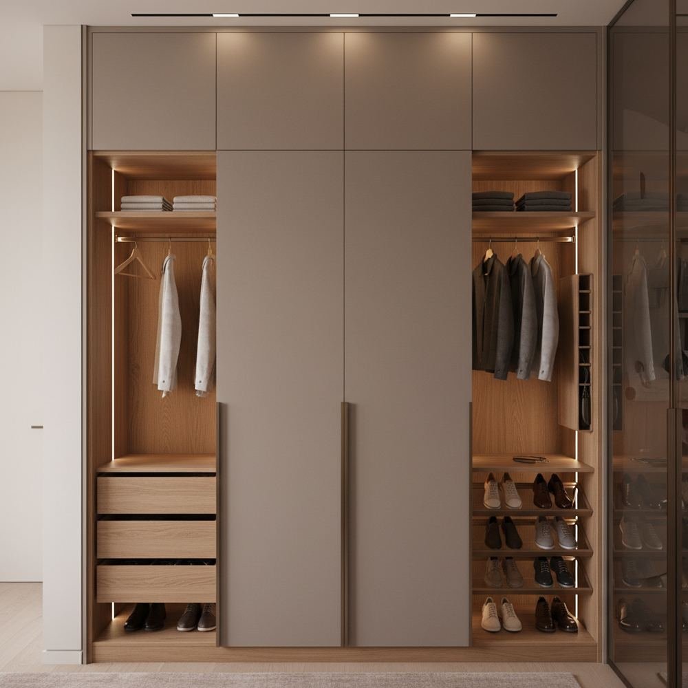 Minimal swing wardrobe design in tawny balsam matte finish by Grains Home Pakistan
