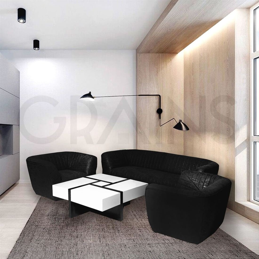 Black sofas with square panel coffee table by Grains Home Pakistan