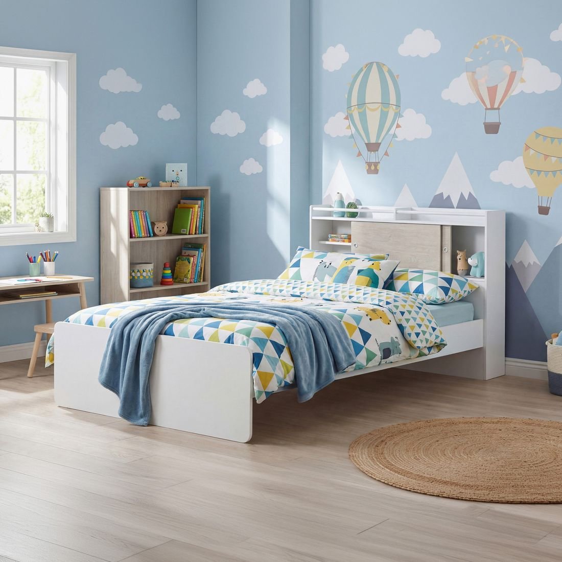 Ivory Twin Bed with Sliding Storage Headboard by Grains Home Pakistan