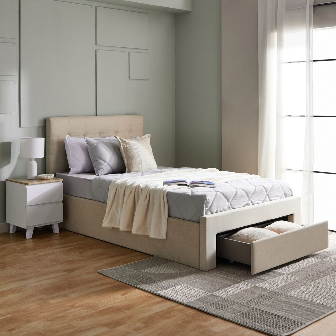 Oakland Neo Upholstered Twin Bed with Drawer by Grains Home Pakistan