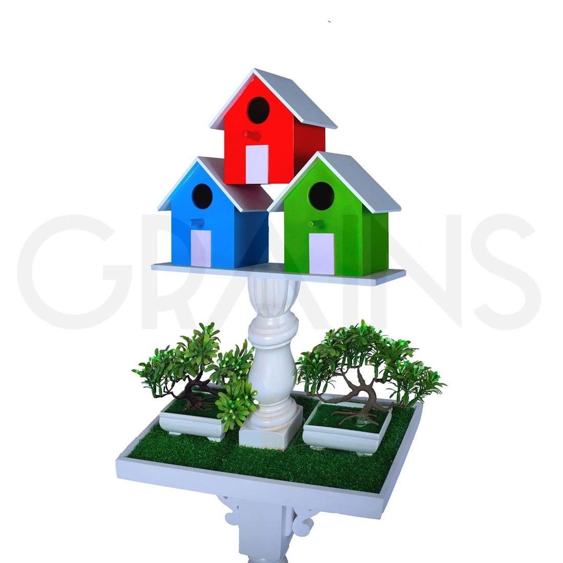 Long Three Birdhouses with White Stand & Planter Shelve by Grains Home Pakistan
