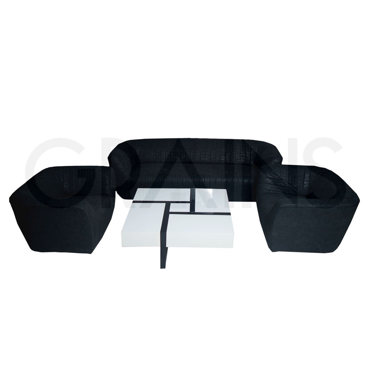 Black sofas with square panel coffee table